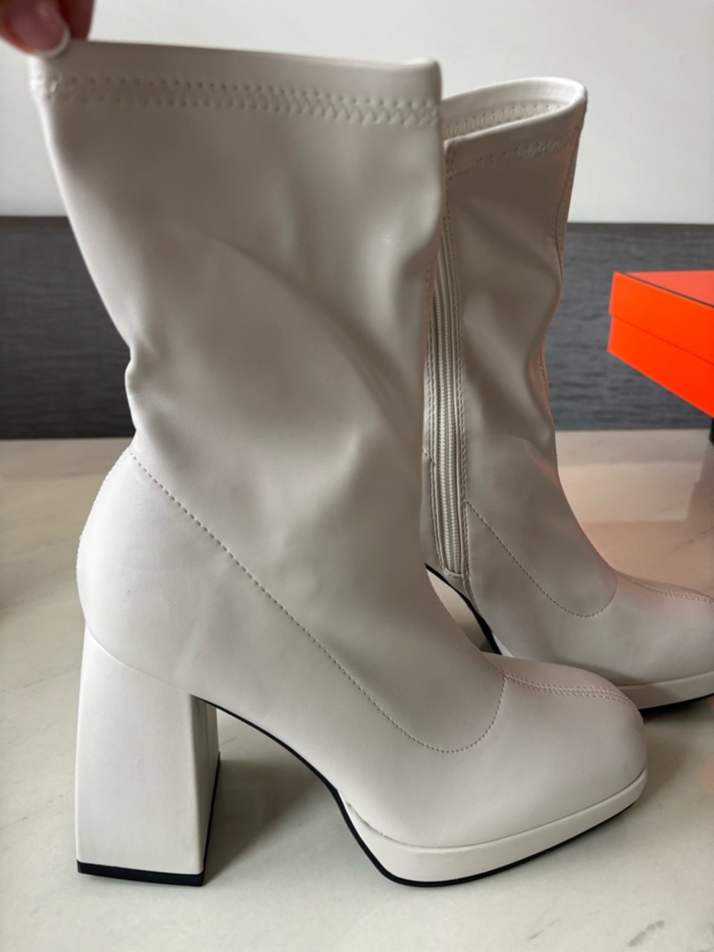 Women's Cream Mid-Calf Block Heel Boots